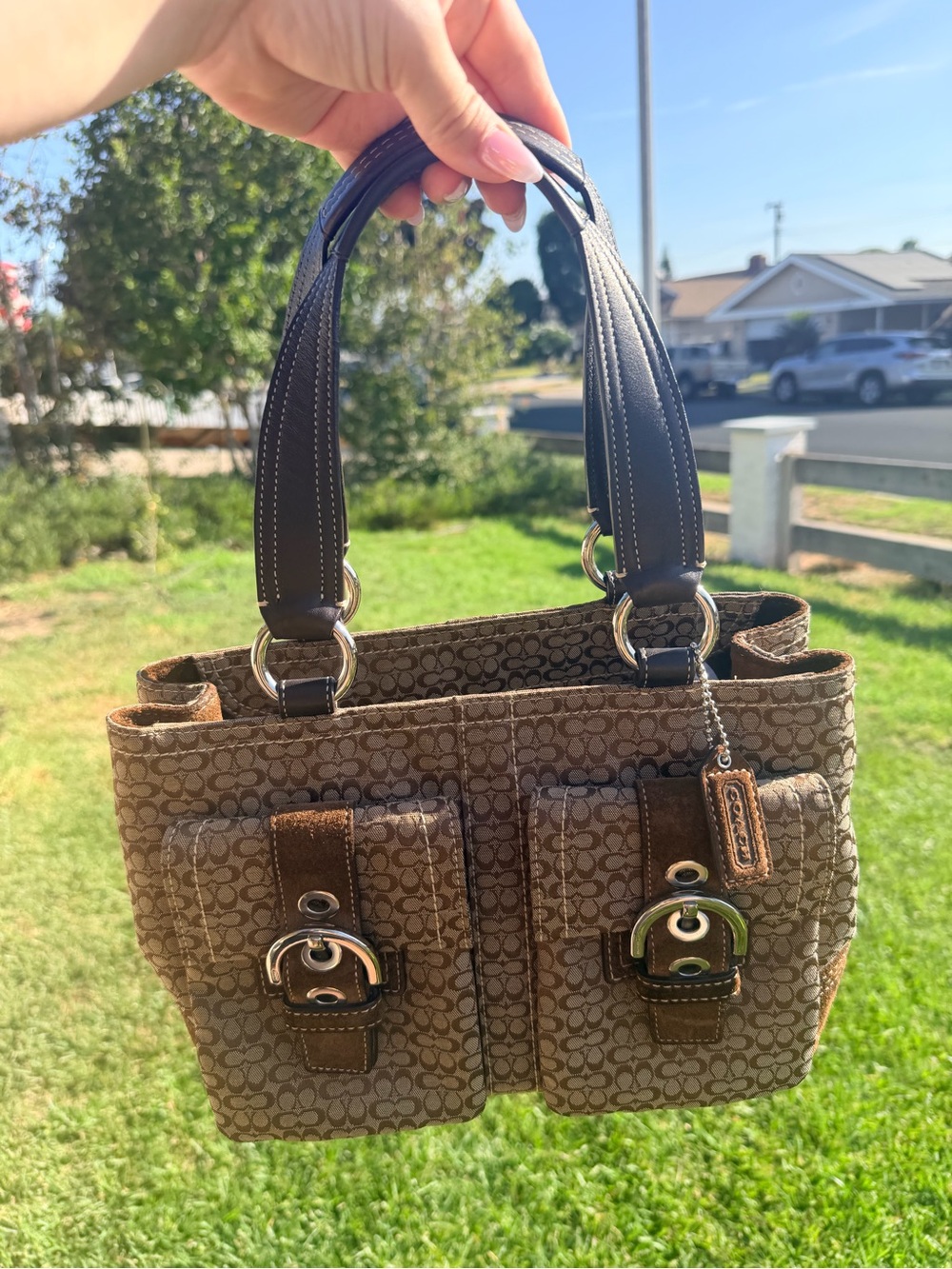 VintageCoach Brown Signature Canvas Shoulder Bag with Dark Brown Leather Handles